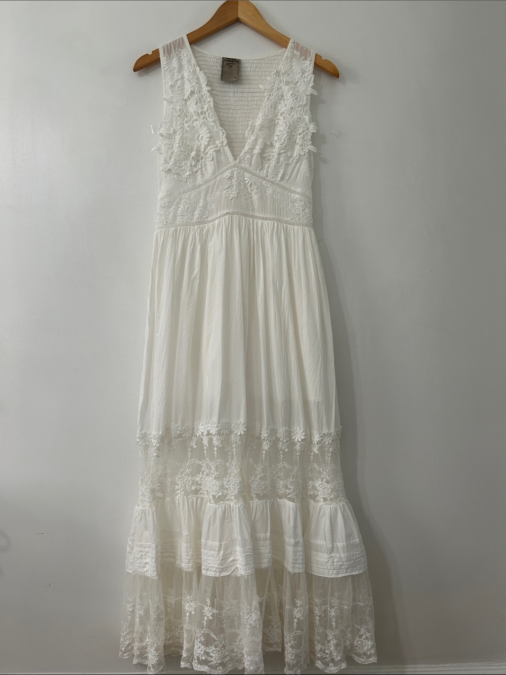 White Lace Bohemian Maxi Dress Tiered Smocked Empire Waist Embroidered Bridal